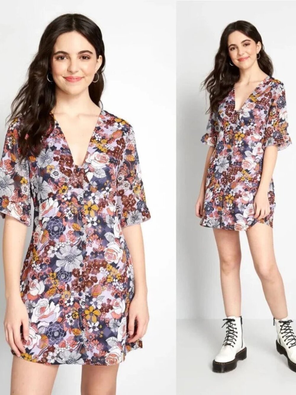 MODCLOTH Purple Floral Daytime Darling Button Front Mini Dress, Size 12